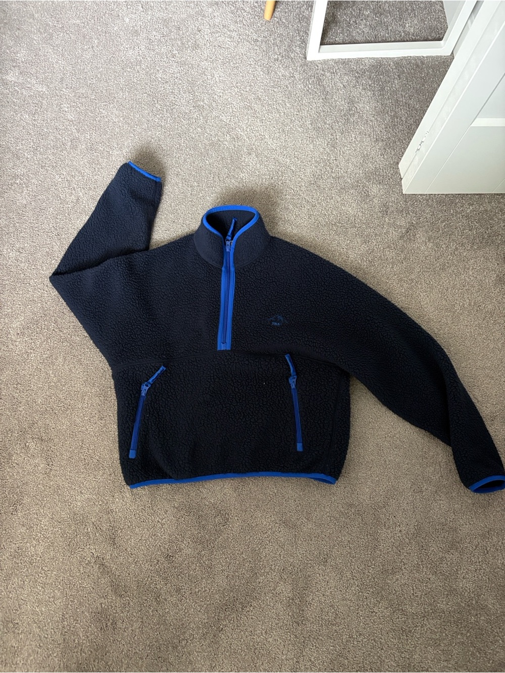 Aritzia Navy Blue Zip-Up Fleece with Bright Blue Trim